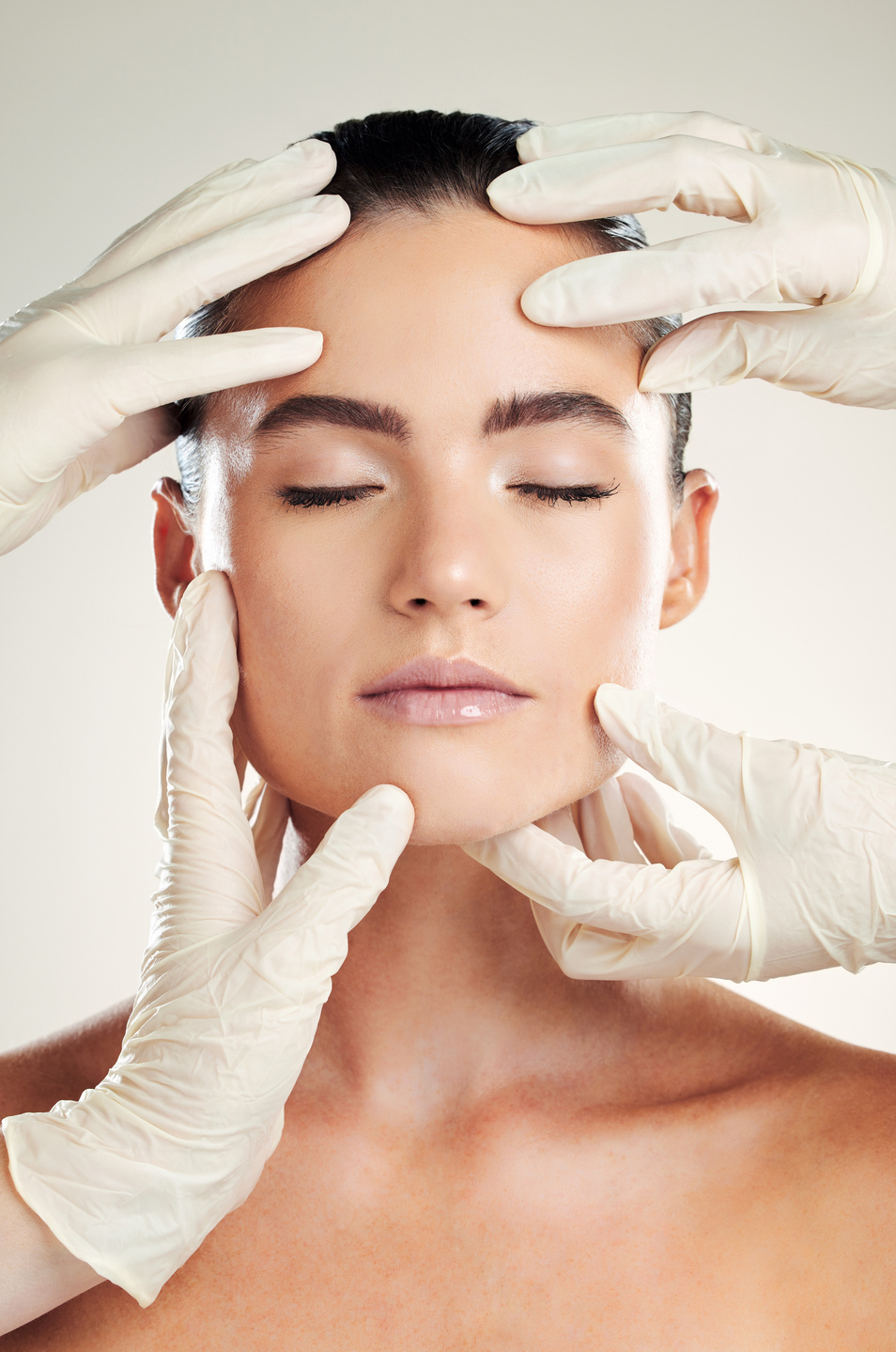 Skincare, Plastic Surgery and Facial Filler on Woman with Dermatology Collagen Cosmetics. Headshot of a Beauty Model Person with Professional Hands for Medical Procedure on Face Skin